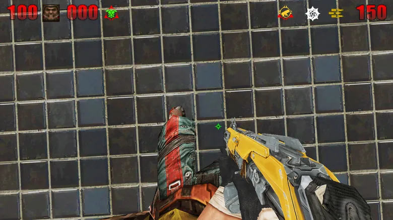 Looking down at the Ranger body, yellow weapon, and Quake 2-style HUD