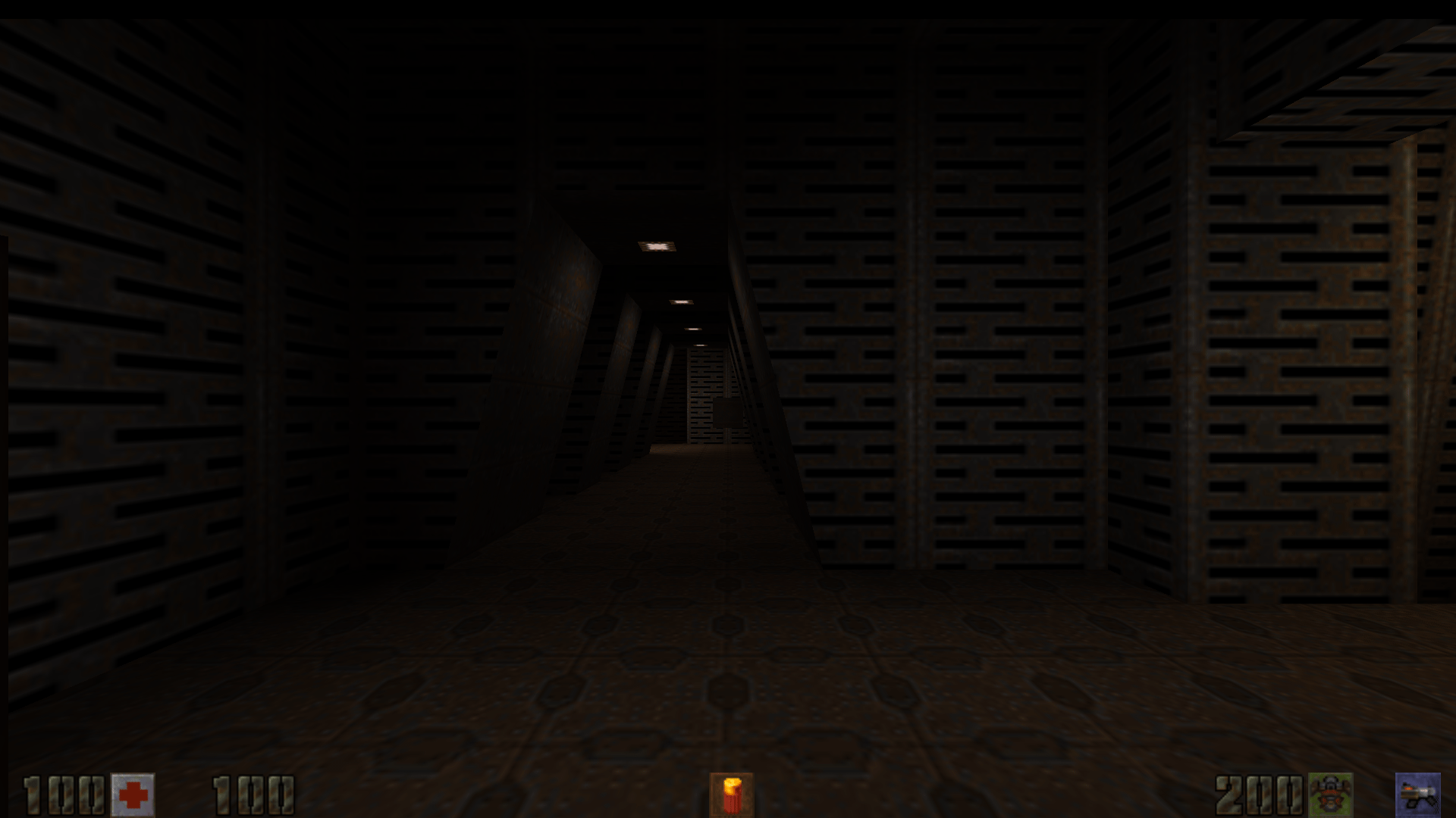 Stock HUD switching between bottom widescreen, top widescreen, and classic centered layouts in a stationary dark room
