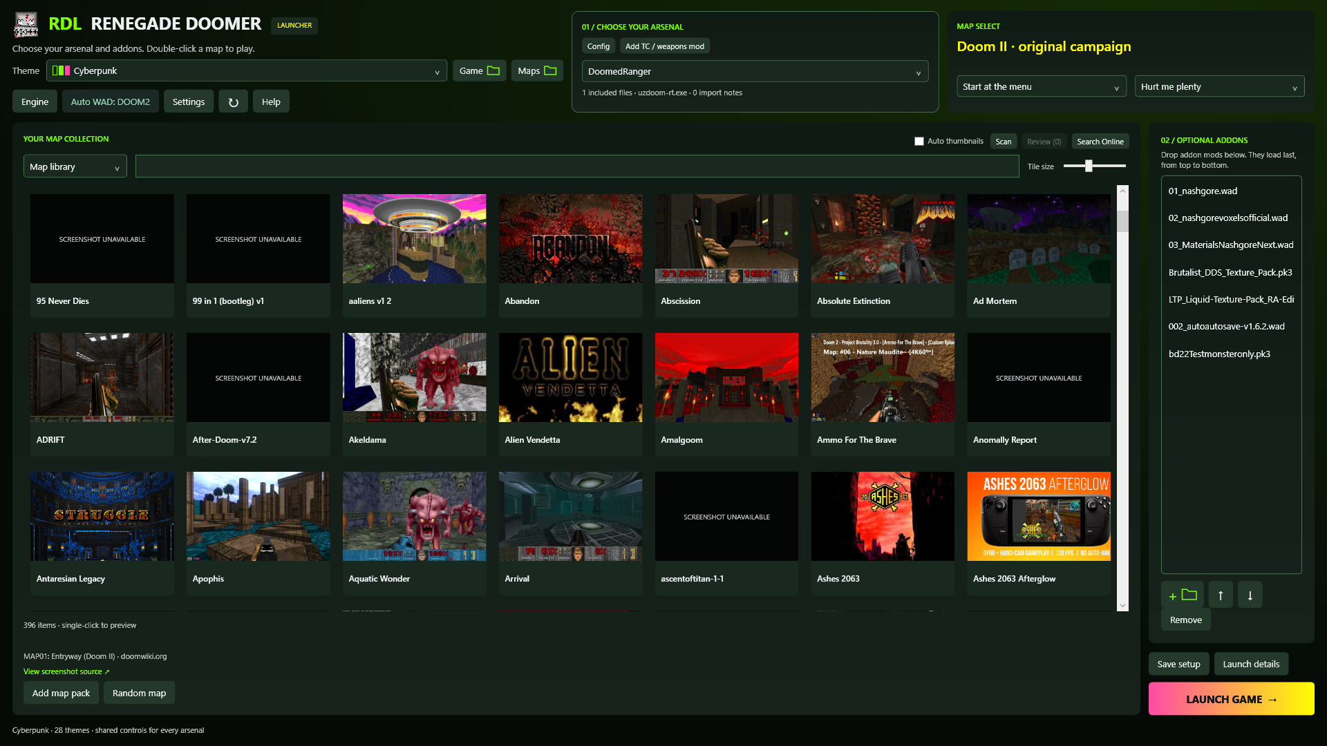 Cyberpunk theme in RDL, with neon green headings, pink and yellow accents, a map gallery and addon controls.