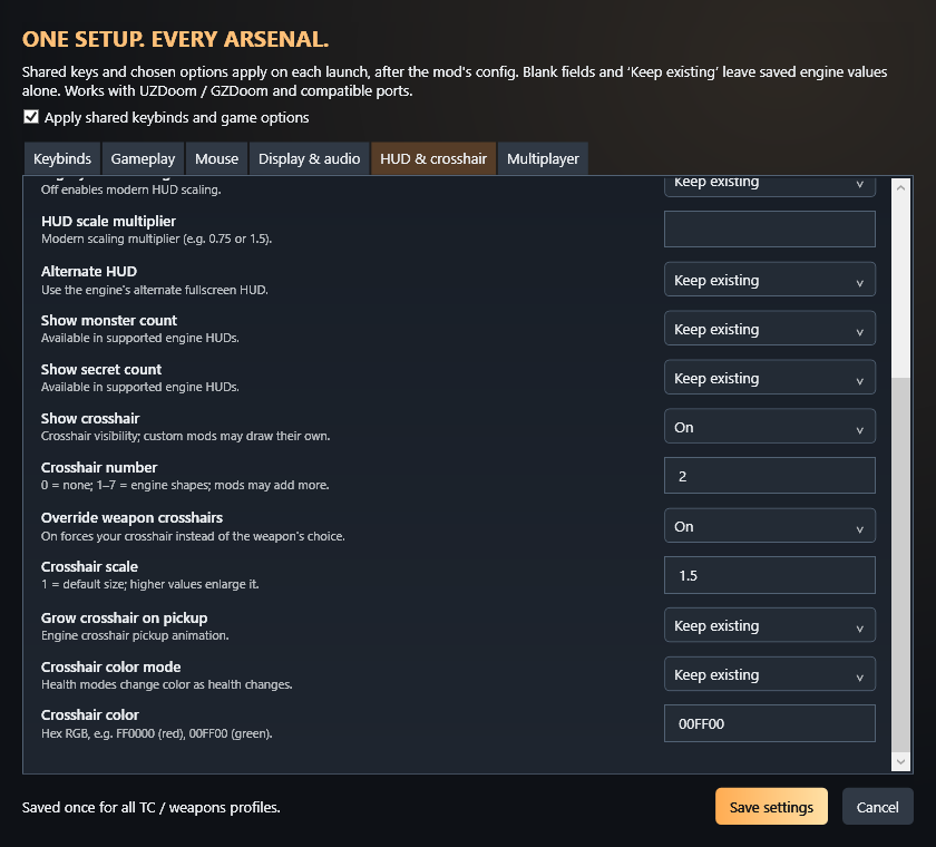 RDL crosshair settings window with example choices.