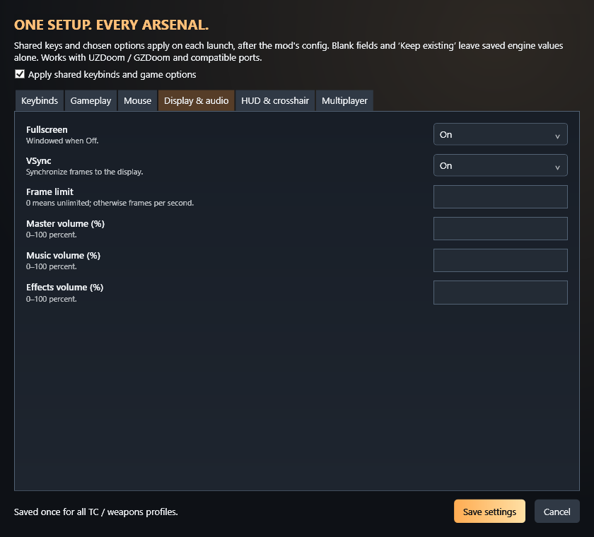 RDL display & audio settings window with example choices.
