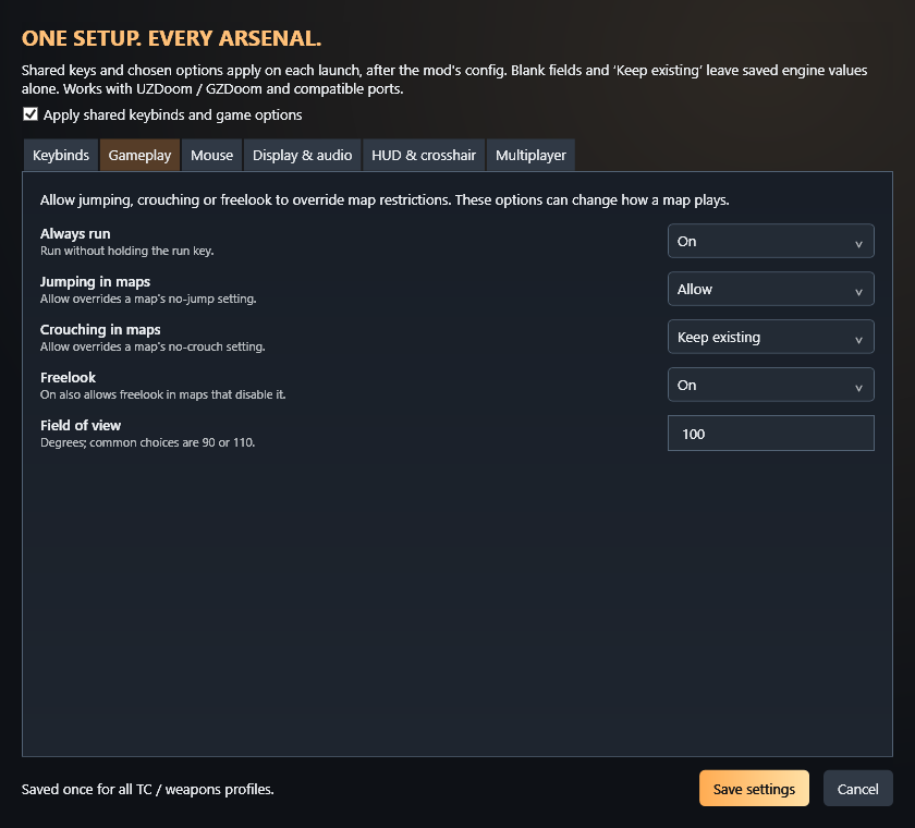 RDL gameplay settings window with example choices.