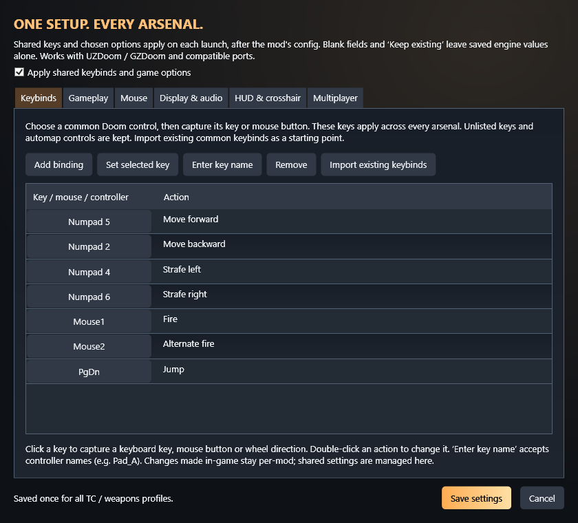 RDL keybinds settings window with example choices.