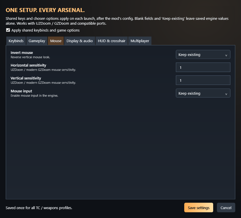 RDL mouse settings window with example choices.